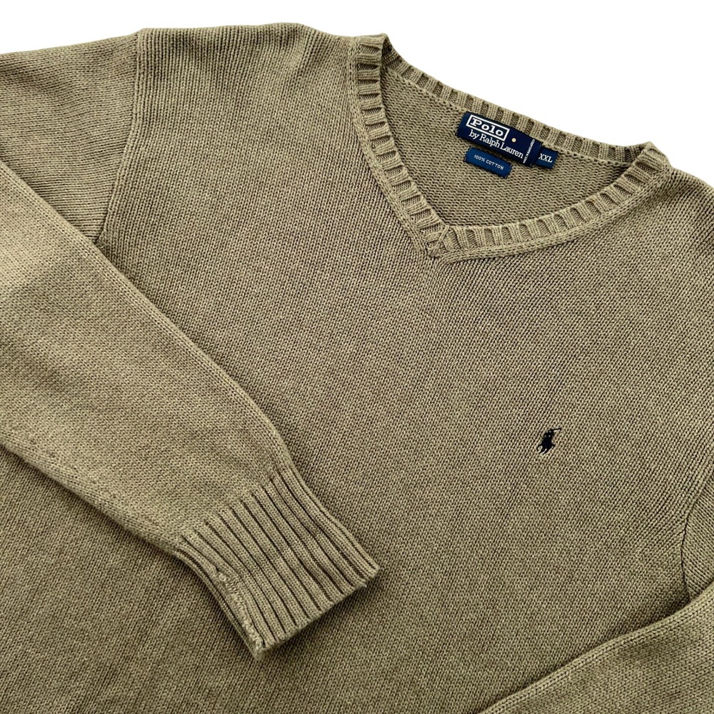 VTG Polo Ralph Lauren V-Neck Sweater Men XXL Olive Green Cotton Knit Ivy Prep